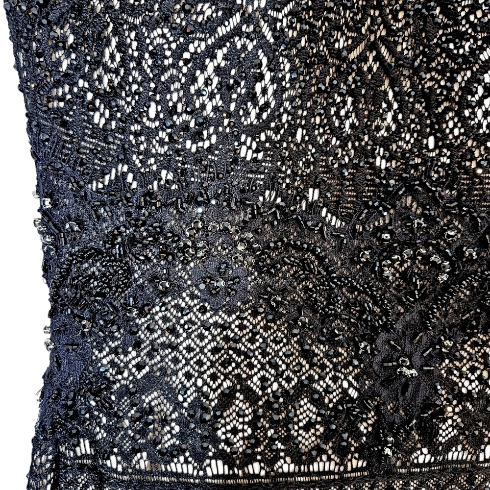 Tony Bowls Black Beaded Lace Sheer Illusion Floor Length Gown - Picture 7 of 11